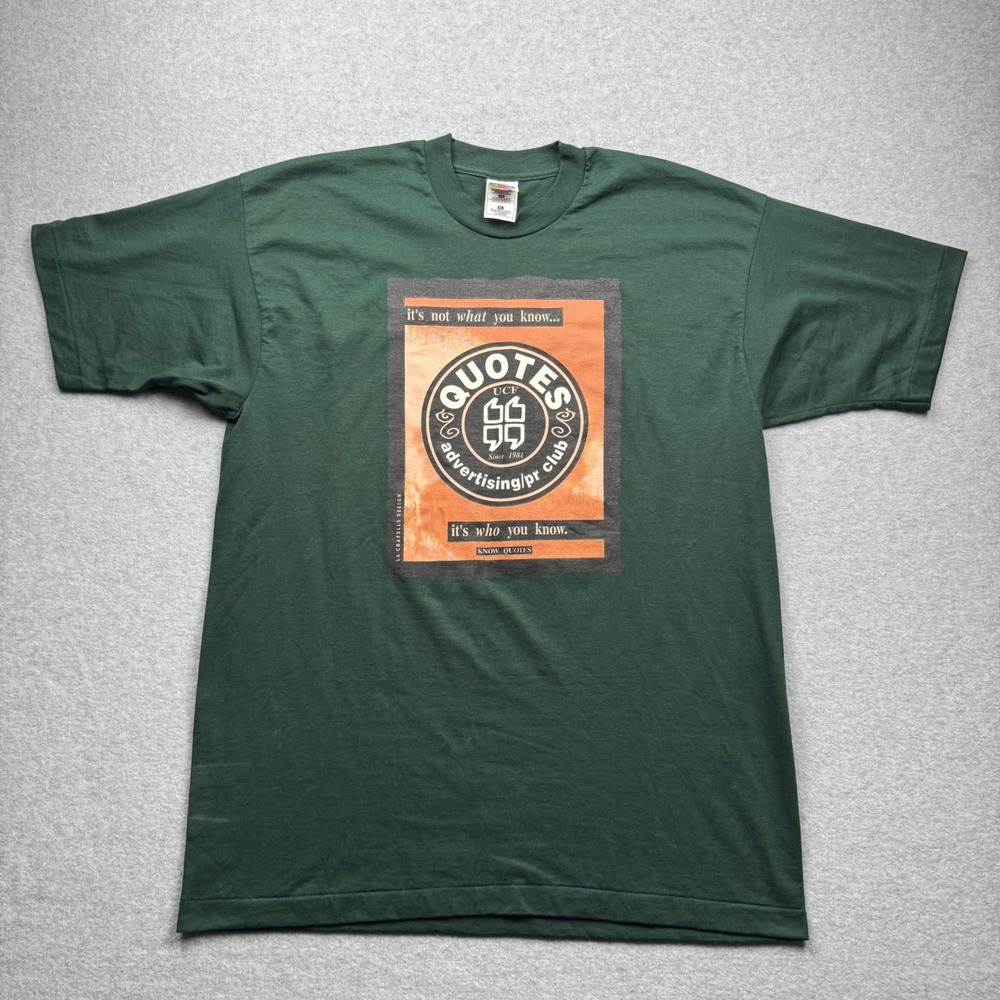 Vintage Fruit of the Loom Best UCF Quotes Advertising PR Club T-Shirt Green XL